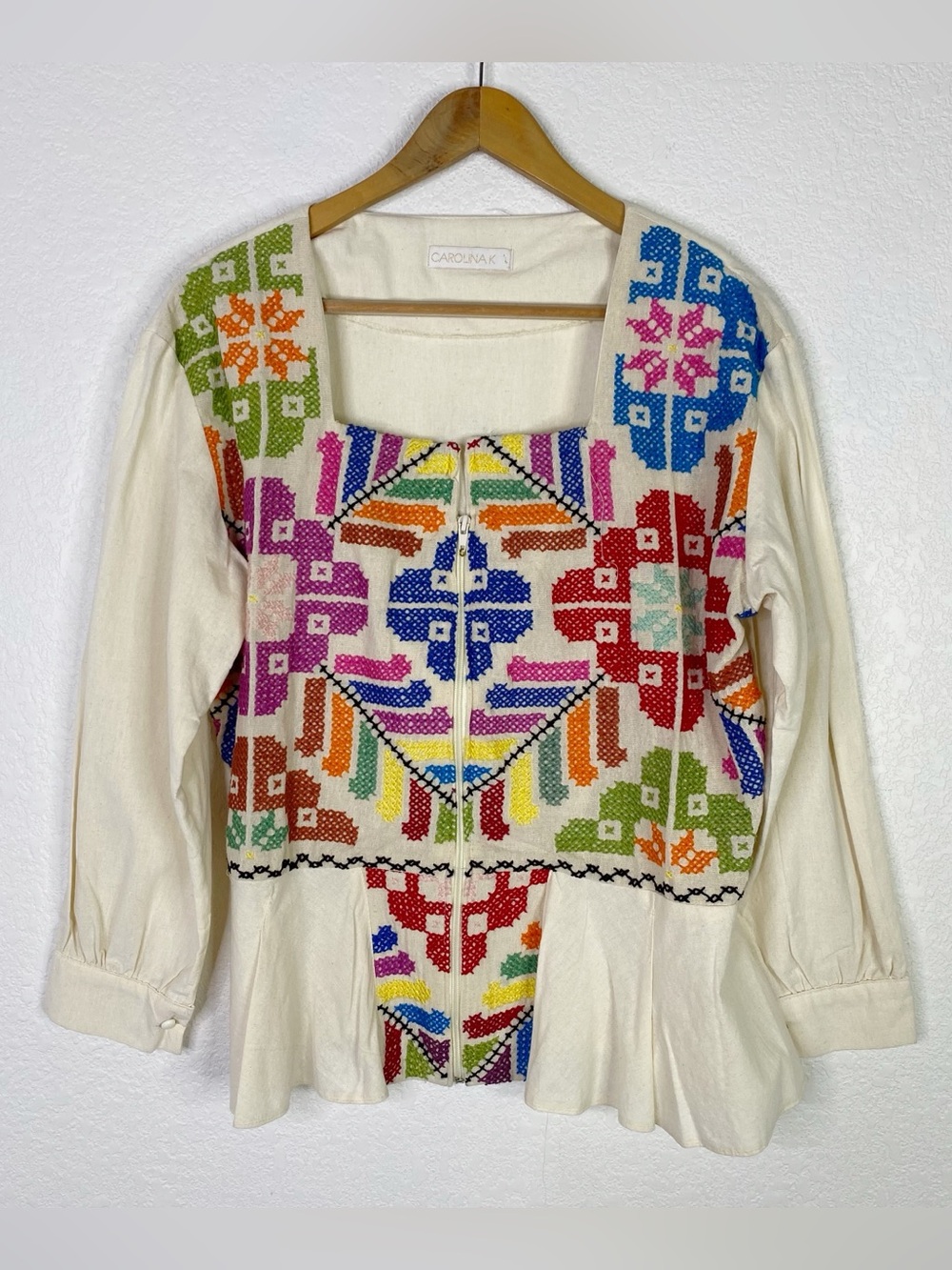 Carolina K Cream Multi Color Embroidered Zip Front Cotton Blouse